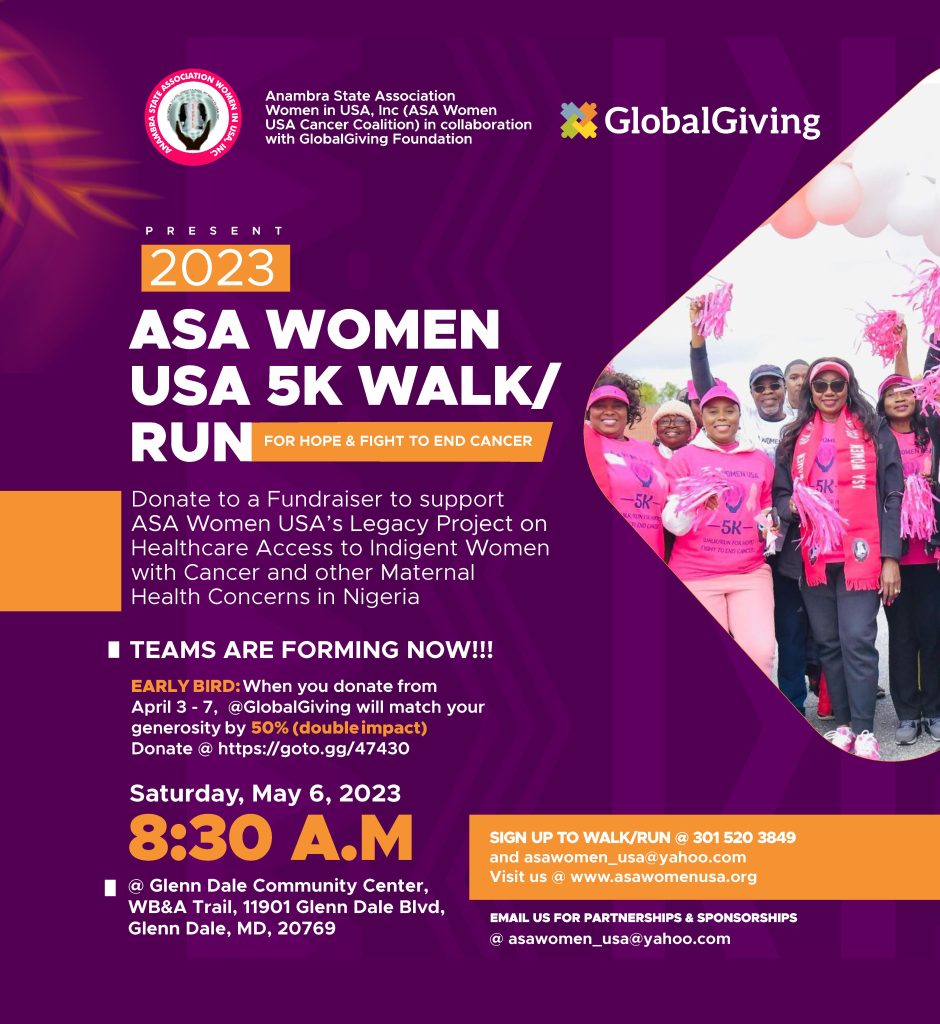 2023 ASA Women USA-5K Walk for Hope  & Fight to End Cancer  Saturday, May 6, 2023