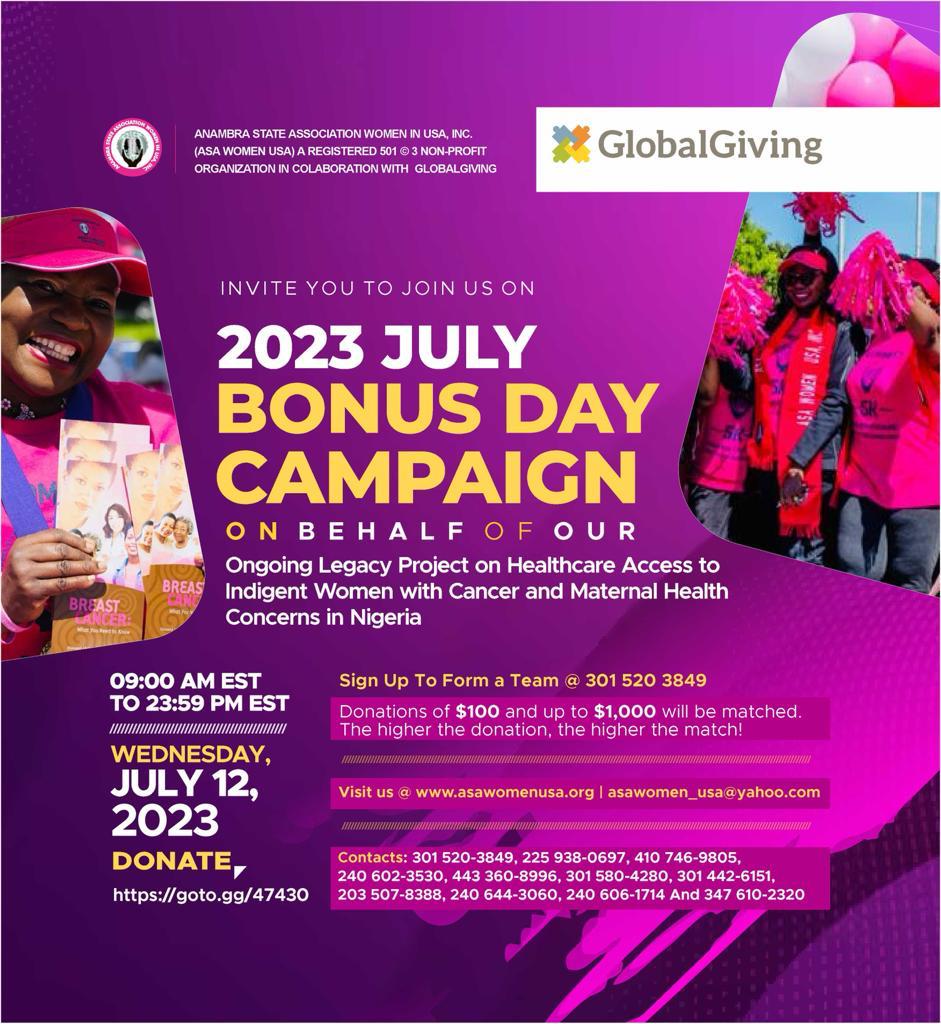 JULY BONUS DAY ANAMBRA Campaign on behalf of our Healthcare Access to Indigent Women in Nigeria