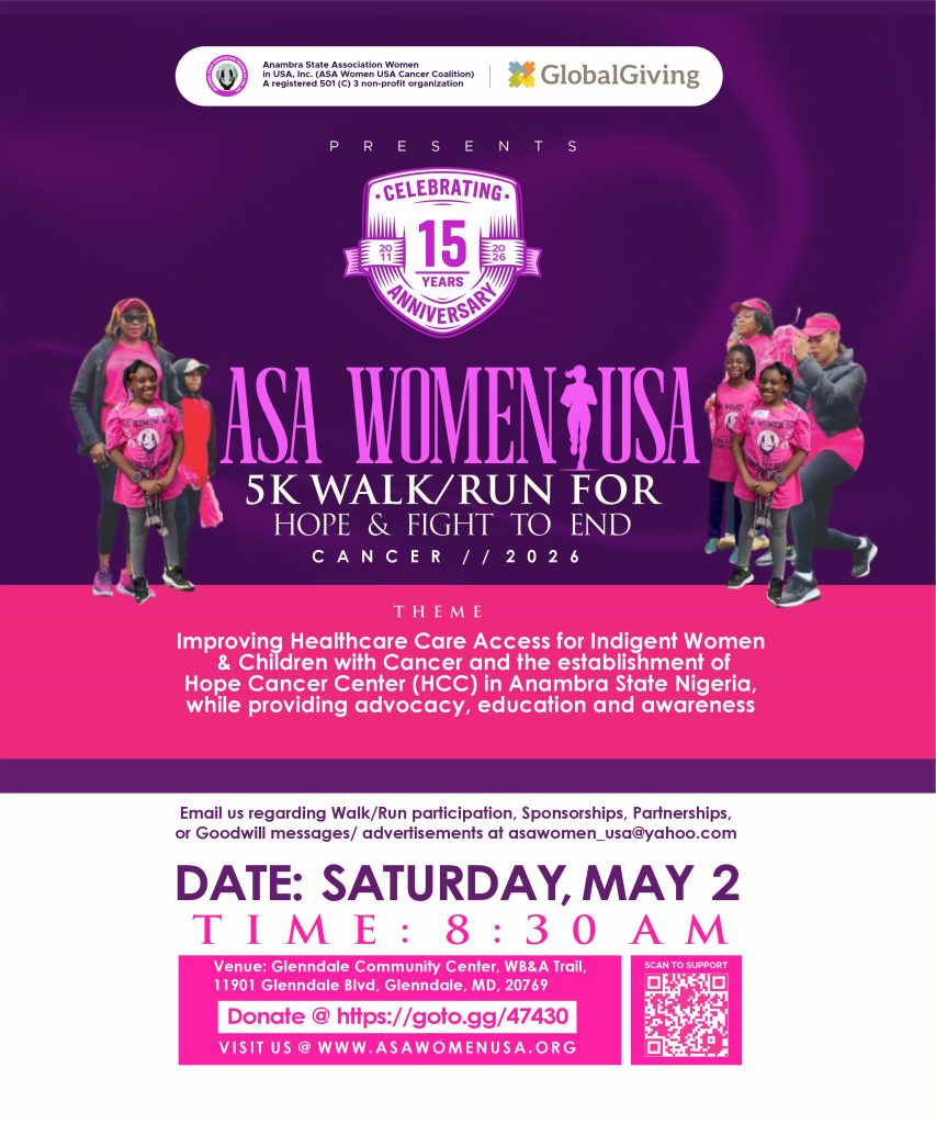 ASA Women USA, Inc.’s 15th Year Anniversary, and 5K Walk/Run for Hope & Fight to End Cancer on Saturday, May 2, 2026